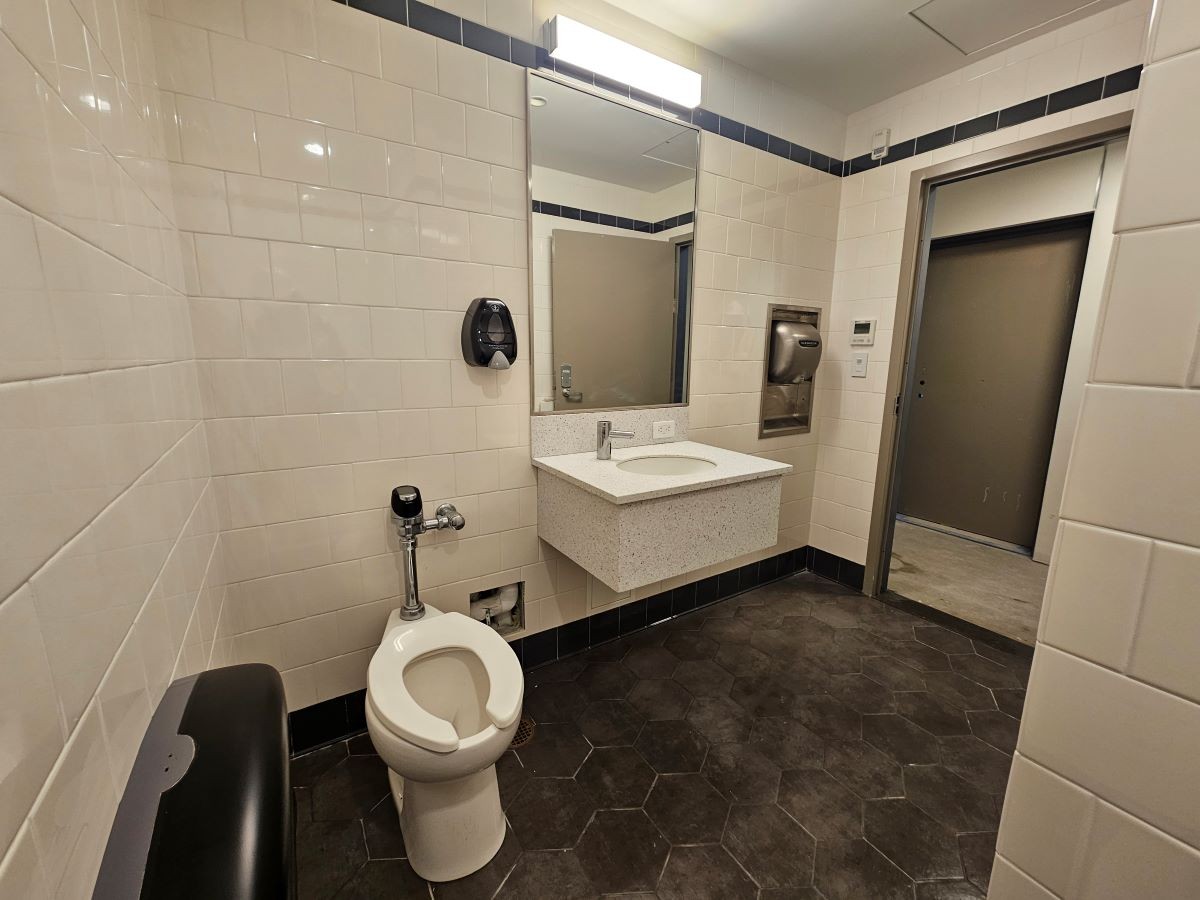 Single-use bathroom with toilet, sink, and shower single use bathroom