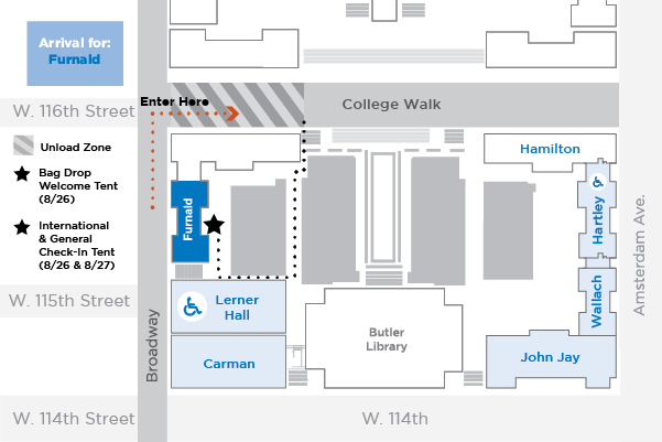 An arrival map for Furnald Hall, showing traffic turning onto College Walk from Broadway