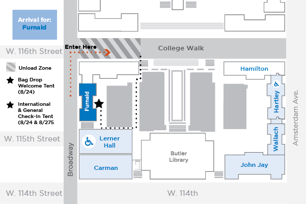 An arrival map for Furnald Hall, showing traffic turning onto College Walk from Broadway