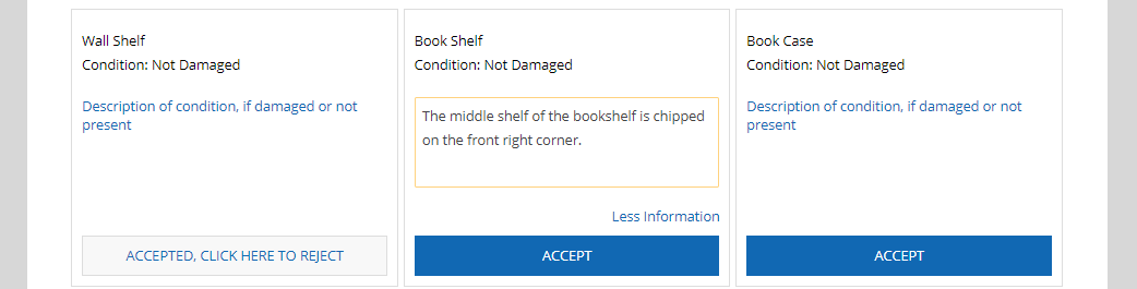 A screenshot of the WIR, showing three item tiles. The tile for the book shelf item has text in the "Description of condition" field that reads, "The middle shelf of the bookshelf is chipped on the front right corner."