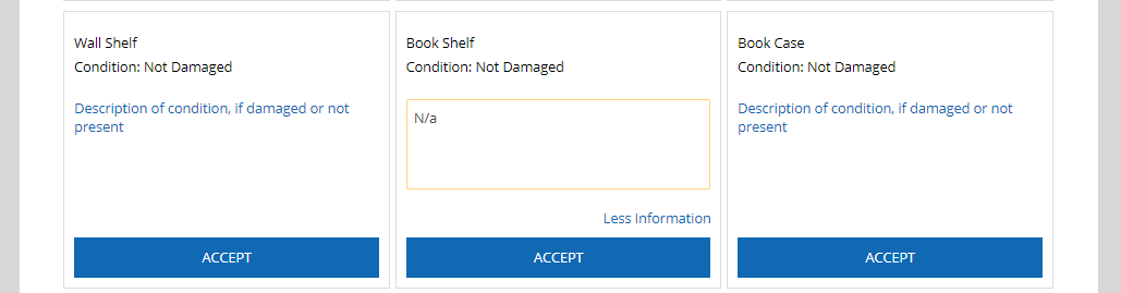 A screenshot of the WIR, showing three item tiles. The tile for the book shelf item has text in the "Description of condition" field that reads, "N/A" because the item is not present.