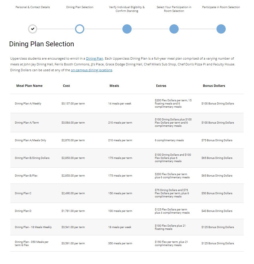 Dining Plan selection page
