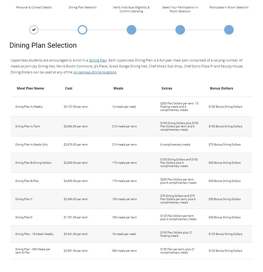 Step 6: (optional) Select a Dining Plan Dining Plan selection page