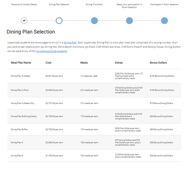 Step 6: (optional) Select a Dining Plan Step 6: (optional) Select a Dining Plan