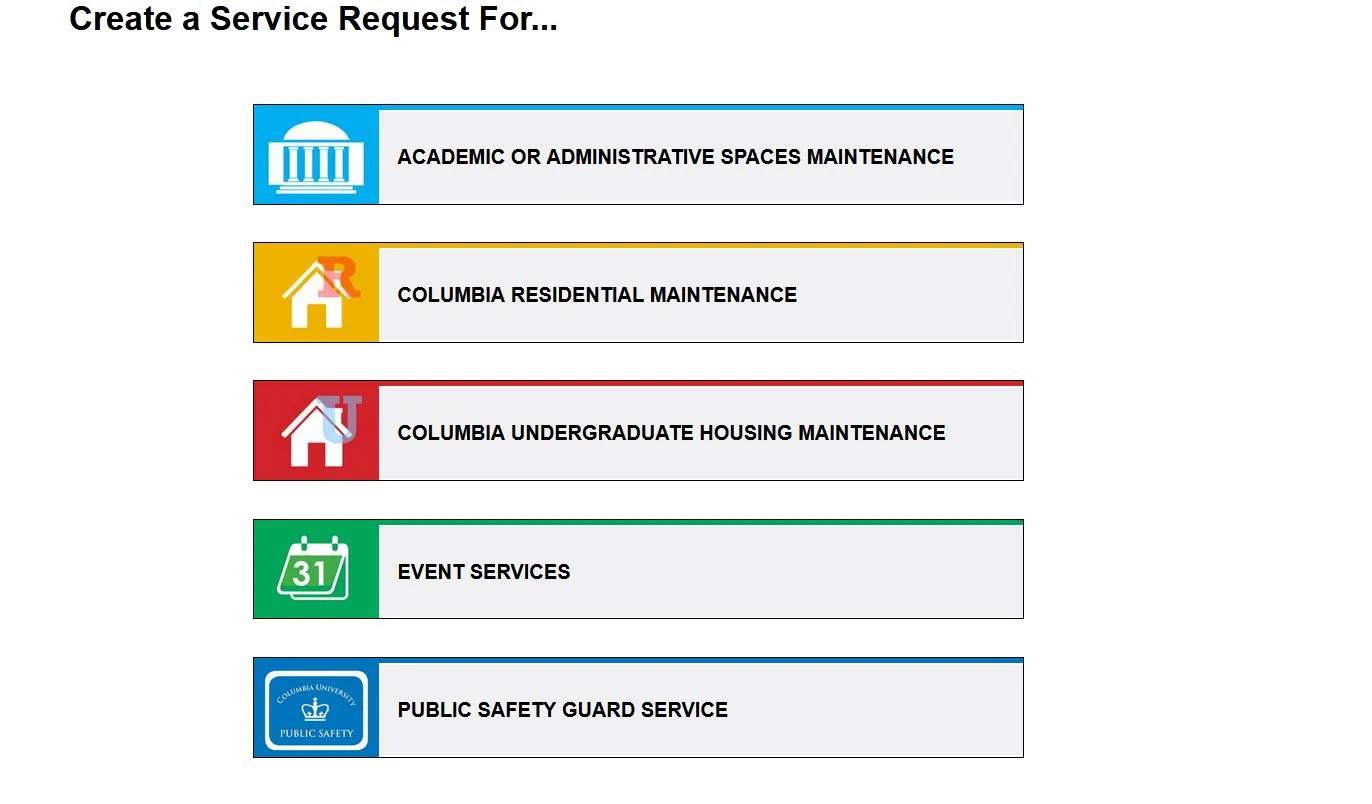 Buttons showing service request form options