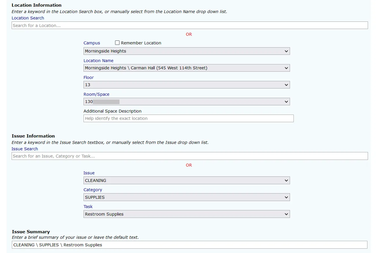 Completed service request form