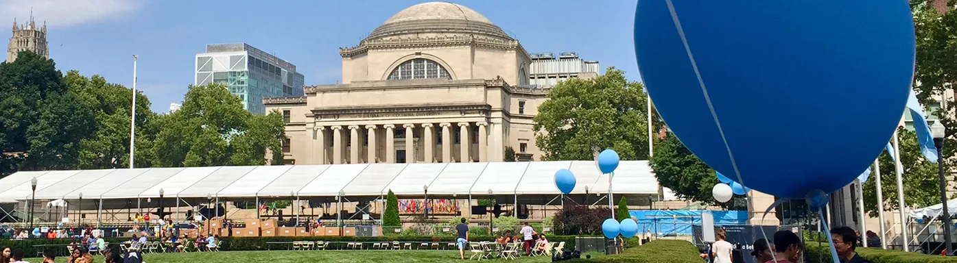 A view of campus during Check-In with Low Library in the background.