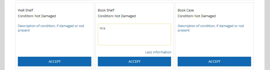 A screenshot of the RCR, showing three item tiles. The tile for the book shelf item has text in the "Description of condition" field that reads, "N/A" because the item is not present.
