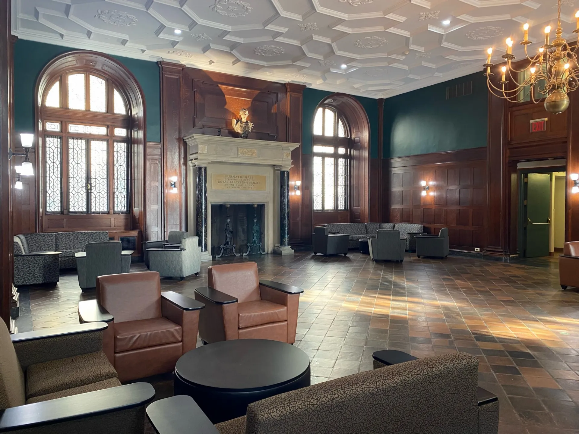 The Furnald lounge with a new paint job, furniture, and accent lighting
