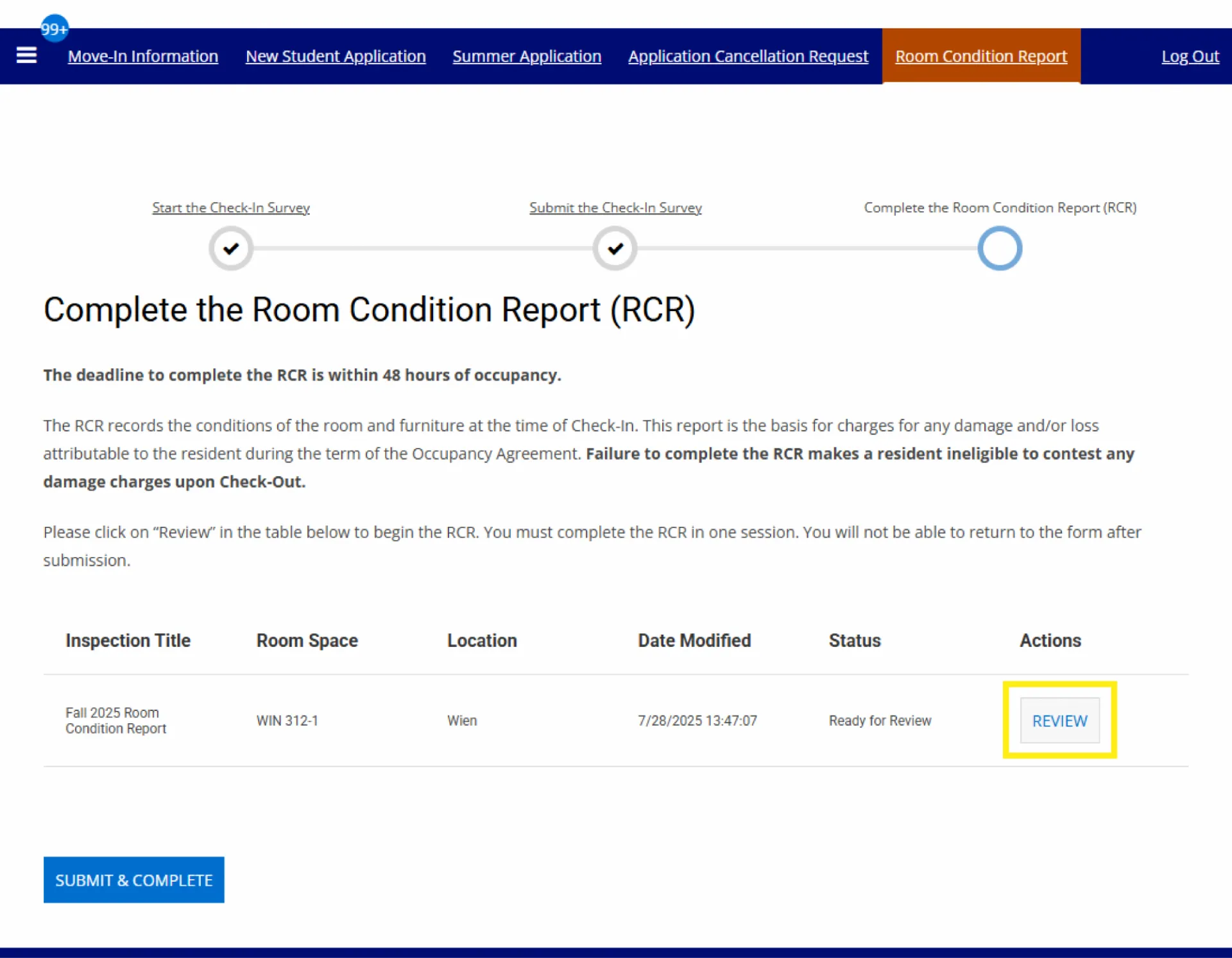 Choose Review for the current academic year inspection.