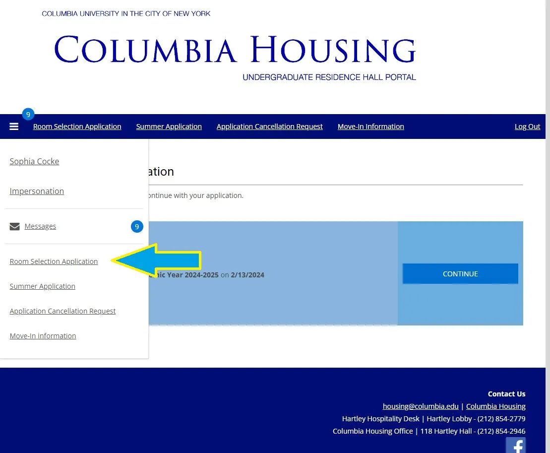 Portal menu shows Room Selection Application