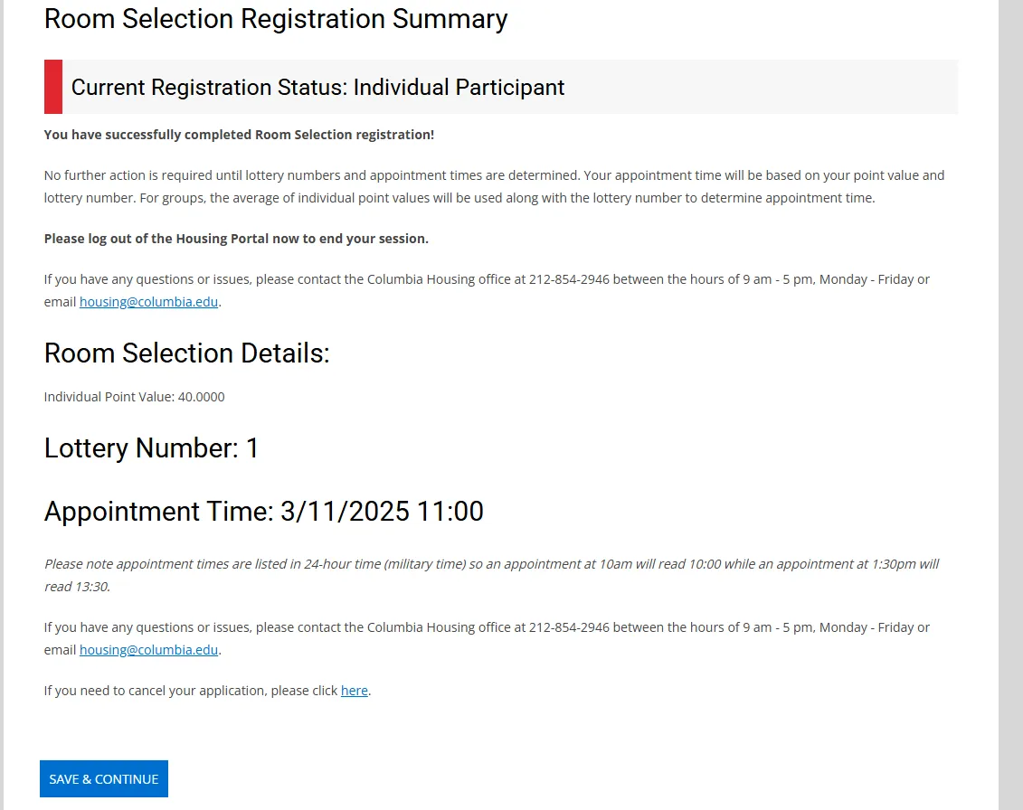 Step 1. Room Selection Registration Summary page